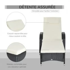 Outsunny Bains De Soleil Et Chaises Longues Bain De Soleil Avec Matelas Avec Tétière Résine Tressée Noir -Fauteuils de jardin Soldes Boutique bain de soleil avec matelas avec tetiere resine tressee noir 5