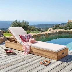 Maisons Du Monde Bains De Soleil Et Chaises Longues Bain De Soleil En Teck Recyclé Et Coussin Sable -Fauteuils de jardin Soldes Boutique bain de soleil en teck recycle et coussin sable 1000 6 10 164379 6