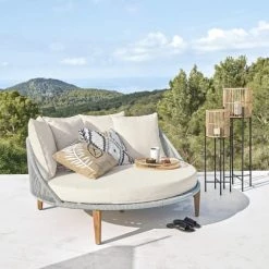 Maisons Du Monde Bains De Soleil Et Chaises Longues Bain De Soleil Rond En Corde Tressée Grise Et Toile Blanche -Fauteuils de jardin Soldes Boutique bain de soleil rond en corde tressee grise et toile blanche 1000 9 22 198790 6