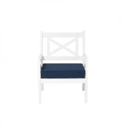 Beliani Fauteuils De Jardin Chaise De Jardin Blanche Avec Coussin Bleu Marine -Fauteuils de jardin Soldes Boutique chaise de jardin blanche avec coussin bleu marine 2