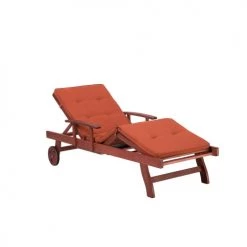 Beliani Bains De Soleil Et Chaises Longues Chaise Longue En Bois Naturel Avec Coussin Rouge -Fauteuils de jardin Soldes Boutique chaise longue en bois naturel avec coussin rouge 2
