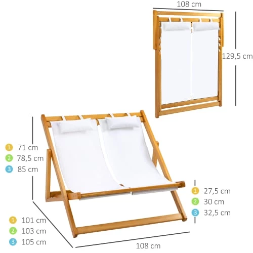 Outsunny Bains De Soleil Et Chaises Longues Chilienne 2 Places Pliable Bois Peuplier Pré-huilé Oxford Blanc 5 Outsunny Bains De Soleil Et Chaises Longues Chilienne 2 Places Pliable Bois Peuplier Pré-huilé Oxford Blanc – Image 3