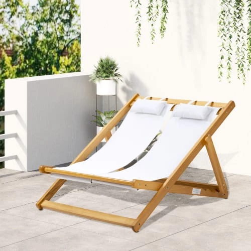 Outsunny Bains De Soleil Et Chaises Longues Chilienne 2 Places Pliable Bois Peuplier Pré-huilé Oxford Blanc 8 Outsunny Bains De Soleil Et Chaises Longues Chilienne 2 Places Pliable Bois Peuplier Pré-huilé Oxford Blanc – Image 6
