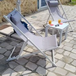 Gecko Jardin Bains De Soleil Et Chaises Longues Chilienne En Aluminium Blanc Et Textilène Gris Clair -Fauteuils de jardin Soldes Boutique chilienne en aluminium blanc et textilene gris clair 3