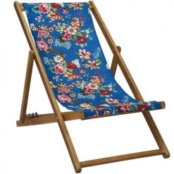 Vent De Bohème Bains De Soleil Et Chaises Longues Chilienne Pliante En Acacia Et Imprimé Fleuri Bleu