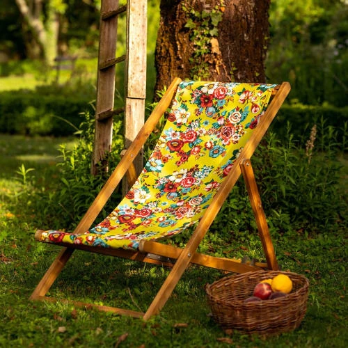 Vent De Bohème Bains De Soleil Et Chaises Longues Chilienne Pliante En Acacia Et Imprimé Fleuri Jaune 4 Vent De Bohème Bains De Soleil Et Chaises Longues Chilienne Pliante En Acacia Et Imprimé Fleuri Jaune – Image 2
