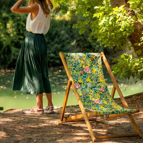 Vent De Bohème Bains De Soleil Et Chaises Longues Chilienne Pliante En Acacia Et Imprimé Fleuri Jaune 4 Vent De Bohème Bains De Soleil Et Chaises Longues Chilienne Pliante En Acacia Et Imprimé Fleuri Jaune – Image 2
