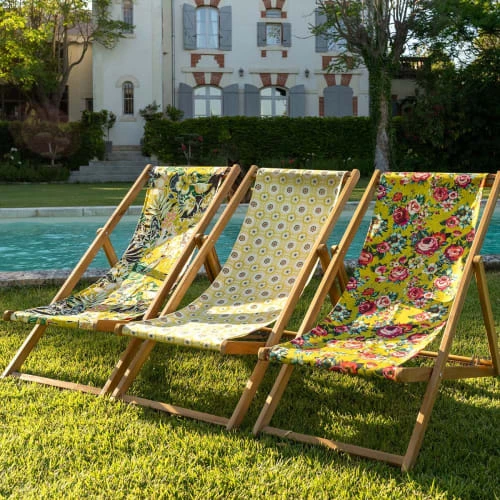 Vent De Bohème Bains De Soleil Et Chaises Longues Chilienne Pliante En Acacia Et Imprimé Fleuri Jaune 4 Vent De Bohème Bains De Soleil Et Chaises Longues Chilienne Pliante En Acacia Et Imprimé Fleuri Jaune – Image 2