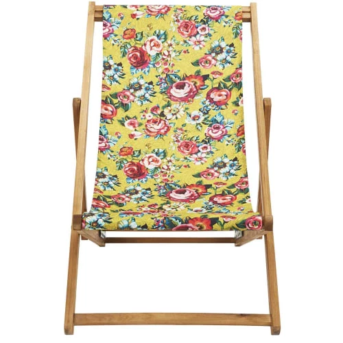 Vent De Bohème Bains De Soleil Et Chaises Longues Chilienne Pliante En Acacia Et Imprimé Fleuri Jaune 6 Vent De Bohème Bains De Soleil Et Chaises Longues Chilienne Pliante En Acacia Et Imprimé Fleuri Jaune – Image 4