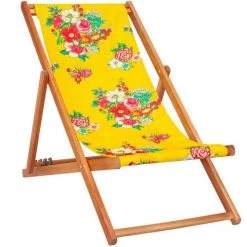 Vent De Bohème Bains De Soleil Et Chaises Longues Chilienne Pliante En Acacia Et Imprimé Fleuri Jaune