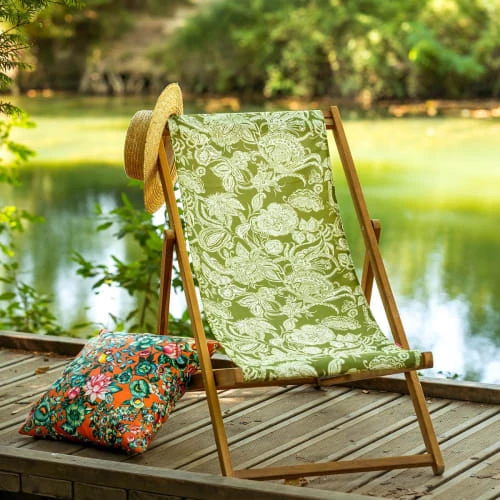 Vent De Bohème Bains De Soleil Et Chaises Longues Chilienne Pliante En Acacia Et Imprimé Fleuri Kaki 4 Vent De Bohème Bains De Soleil Et Chaises Longues Chilienne Pliante En Acacia Et Imprimé Fleuri Kaki – Image 2