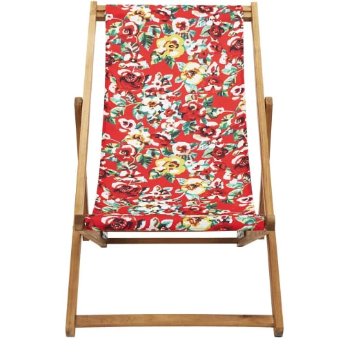 Vent De Bohème Bains De Soleil Et Chaises Longues Chilienne Pliante En Acacia Et Imprimé Fleuri Rouge 5 Vent De Bohème Bains De Soleil Et Chaises Longues Chilienne Pliante En Acacia Et Imprimé Fleuri Rouge – Image 3