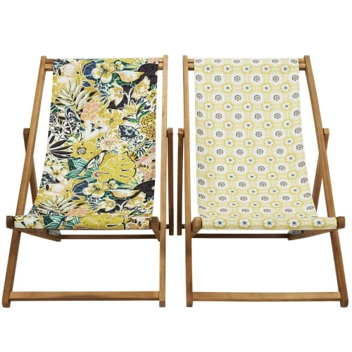 Vent De Bohème Bains De Soleil Et Chaises Longues Chilienne Pliante En Acacia Et Imprimé Tropical Fleuri Jaune 6 Vent De Bohème Bains De Soleil Et Chaises Longues Chilienne Pliante En Acacia Et Imprimé Tropical Fleuri Jaune – Image 4