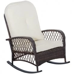 Outsunny Fauteuils De Jardin Fauteuil à Bascule Avec Coussins Crème Résine Tressée Marron