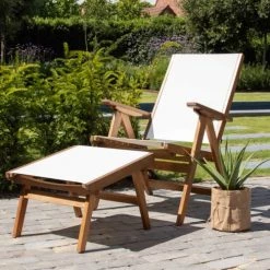 Oviala Bains De Soleil Et Chaises Longues Fauteuil Relax En Bois D'eucalyptus Avec Repose-pieds Blanc -Fauteuils de jardin Soldes Boutique fauteuil relax en bois d eucalyptus avec repose pieds blanc 2