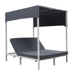 Happy Garden Bains De Soleil Et Chaises Longues Lit D'extérieur En Aluminium Blanc Et Coussins Gris