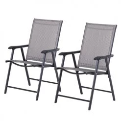 Outsunny Lot 2 Chaises De Jardin Pliantes Accoudoirs Métal Textilène Noir Gris