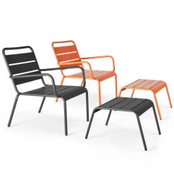 Oviala Fauteuils De Jardin Lot 2 Fauteuils Relax Avec Repose-pieds Métal Gris Et Orange