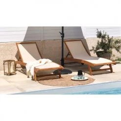 Oviala Bains De Soleil Et Chaises Longues Lot De 2 Bain De Soleil En Bois Et Textilène Beige -Fauteuils de jardin Soldes Boutique lot de 2 bain de soleil en bois et textilene beige 4