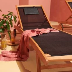 Oviala Bains De Soleil Et Chaises Longues Lot De 2 Bain De Soleil En Bois Et Textilène Noir -Fauteuils de jardin Soldes Boutique lot de 2 bain de soleil en bois et textilene noir 2