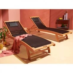 Oviala Bains De Soleil Et Chaises Longues Lot De 2 Bain De Soleil En Bois Et Textilène Noir -Fauteuils de jardin Soldes Boutique lot de 2 bain de soleil en bois et textilene noir 3