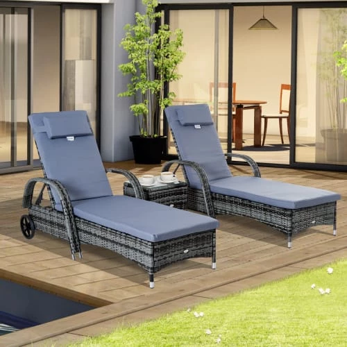 Outsunny Bains De Soleil Et Chaises Longues Lot De 2 Bains De Soleil Avec Matelas Table Basse Résine Tressée Gris 4 Outsunny Bains De Soleil Et Chaises Longues Lot De 2 Bains De Soleil Avec Matelas Table Basse Résine Tressée Gris – Image 2