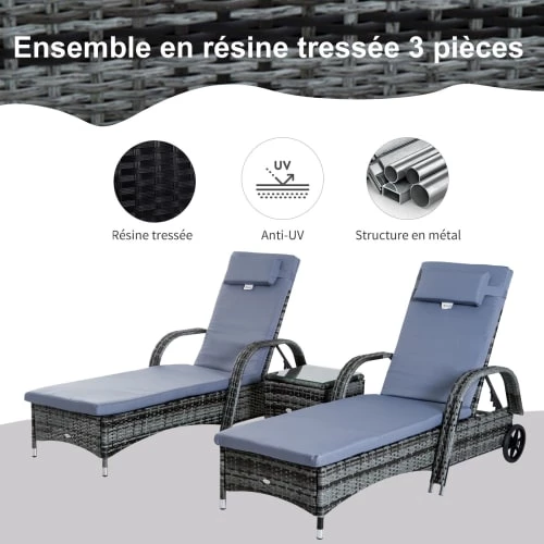 Outsunny Bains De Soleil Et Chaises Longues Lot De 2 Bains De Soleil Avec Matelas Table Basse Résine Tressée Gris 6 Outsunny Bains De Soleil Et Chaises Longues Lot De 2 Bains De Soleil Avec Matelas Table Basse Résine Tressée Gris – Image 4