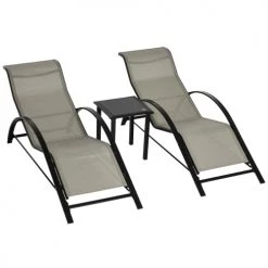 Outsunny Bains De Soleil Et Chaises Longues Lot De 2 Bains De Soleil Design Contemporain Avec Table Basse Gris