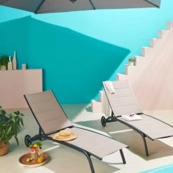 Oviala Bains De Soleil Et Chaises Longues Lot De 2 Bains De Soleil En Aluminium Taupe -Fauteuils de jardin Soldes Boutique lot de 2 bains de soleil en aluminium taupe 3