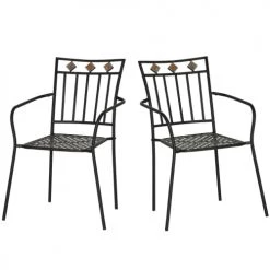 Outsunny Lot De 2 Chaises De Jardin Métal Style Fer Forgé Mosaïque Noir