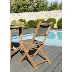 MACABANE Lot De 2 Chaises De Jardin Pliantes Teck Et Textilène Taupe -Fauteuils de jardin Soldes Boutique lot de 2 chaises de jardin pliantes teck et textilene taupe 2