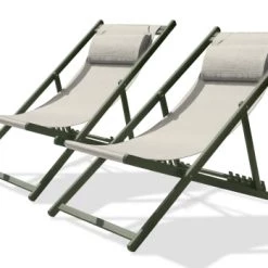 Dcb Garden Bains De Soleil Et Chaises Longues Lot De 2 Chiliennes De Jardin En Toile Plastifiée Et Aluminium Kaki