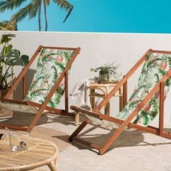 Beliani Bains De Soleil Et Chaises Longues Lot De 2 Chiliennes En Bois Foncé Et Tissu Motif Flamants -Fauteuils de jardin Soldes Boutique lot de 2 chiliennes en bois fonce et tissu motif flamants 1