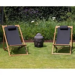 Oviala Bains De Soleil Et Chaises Longues Lot De 2 Chiliennes Eucalyptus Noir -Fauteuils de jardin Soldes Boutique lot de 2 chiliennes eucalyptus noir 2