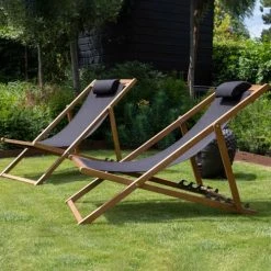 Oviala Bains De Soleil Et Chaises Longues Lot De 2 Chiliennes Eucalyptus Noir -Fauteuils de jardin Soldes Boutique lot de 2 chiliennes eucalyptus noir 3