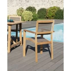 MACABANE Fauteuils De Jardin Lot De 2 Fauteuils Jardin Empilables Teck Et Textilène Taupe -Fauteuils de jardin Soldes Boutique lot de 2 fauteuils jardin empilables teck et textilene taupe 2