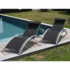 Happy Garden Bains De Soleil Et Chaises Longues Lot De 2 Transat En Textilène Noir Et Structure Grise -Fauteuils de jardin Soldes Boutique lot de 2 transat en textilene noir et structure grise 4