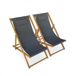 Alice's Garden Bains De Soleil Et Chaises Longues Lot De 2 Transats En Eucalyptus Et Textilène Gris Anthracite