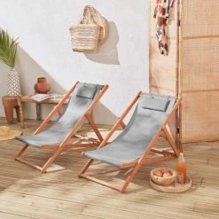 Alice's Garden Bains De Soleil Et Chaises Longues Lot De 2 Transats En Eucalyptus Et Textilène Gris Taupe -Fauteuils de jardin Soldes Boutique lot de 2 transats en eucalyptus et textilene gris taupe 1