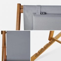 Alice's Garden Bains De Soleil Et Chaises Longues Lot De 2 Transats En Eucalyptus Et Textilène Gris Taupe -Fauteuils de jardin Soldes Boutique lot de 2 transats en eucalyptus et textilene gris taupe 3