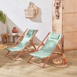 Alice's Garden Bains De Soleil Et Chaises Longues Lot De 2 Transats En Eucalyptus Et Textilène Vert De Gris -Fauteuils de jardin Soldes Boutique lot de 2 transats en eucalyptus et textilene vert de gris 1