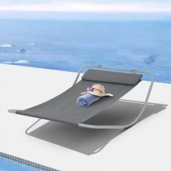 Homcom Bains De Soleil Et Chaises Longues Transat Bain De Soleil à Bascule 2 Places Gris -Fauteuils de jardin Soldes Boutique transat bain de soleil a bascule 2 places gris 1