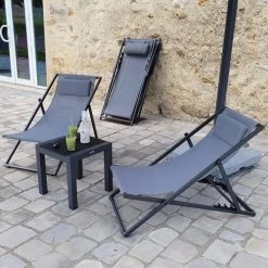 Gecko Jardin Bains De Soleil Et Chaises Longues Transat En Aluminium Anthracite Et Textilène Gris Argent -Fauteuils de jardin Soldes Boutique transat en aluminium anthracite et textilene gris argent 4