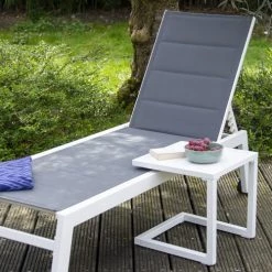 Happy Garden Bains De Soleil Et Chaises Longues Transat Et Table D'appoint En Textilène Gris Aluminium Blanc -Fauteuils de jardin Soldes Boutique transat et table d appoint en textilene gris aluminium blanc 1