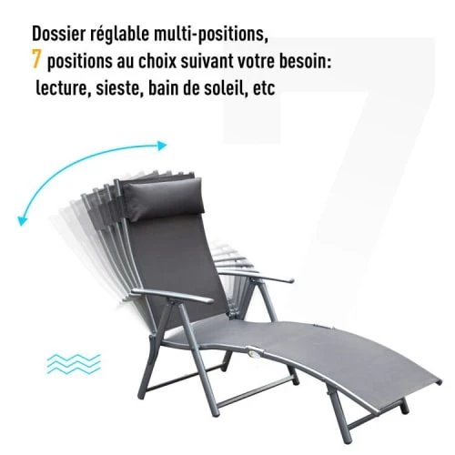 Outsunny Bains De Soleil Et Chaises Longues Transat Inclinable Multi-positions Pliable Gris 7 Outsunny Bains De Soleil Et Chaises Longues Transat Inclinable Multi-positions Pliable Gris – Image 5