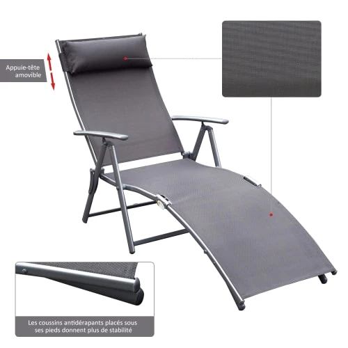 Outsunny Bains De Soleil Et Chaises Longues Transat Inclinable Multi-positions Pliable Gris 8 Outsunny Bains De Soleil Et Chaises Longues Transat Inclinable Multi-positions Pliable Gris – Image 6
