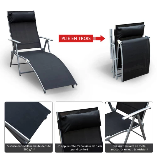 Outsunny Bains De Soleil Et Chaises Longues Transat Inclinable Multi-positions Pliable Noir 6 Outsunny Bains De Soleil Et Chaises Longues Transat Inclinable Multi-positions Pliable Noir – Image 4