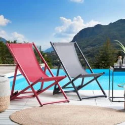Beliani Bains De Soleil Et Chaises Longues Transat Pliable En Aluminium Et Polyester Rouge -Fauteuils de jardin Soldes Boutique transat pliable en aluminium et polyester rouge 1